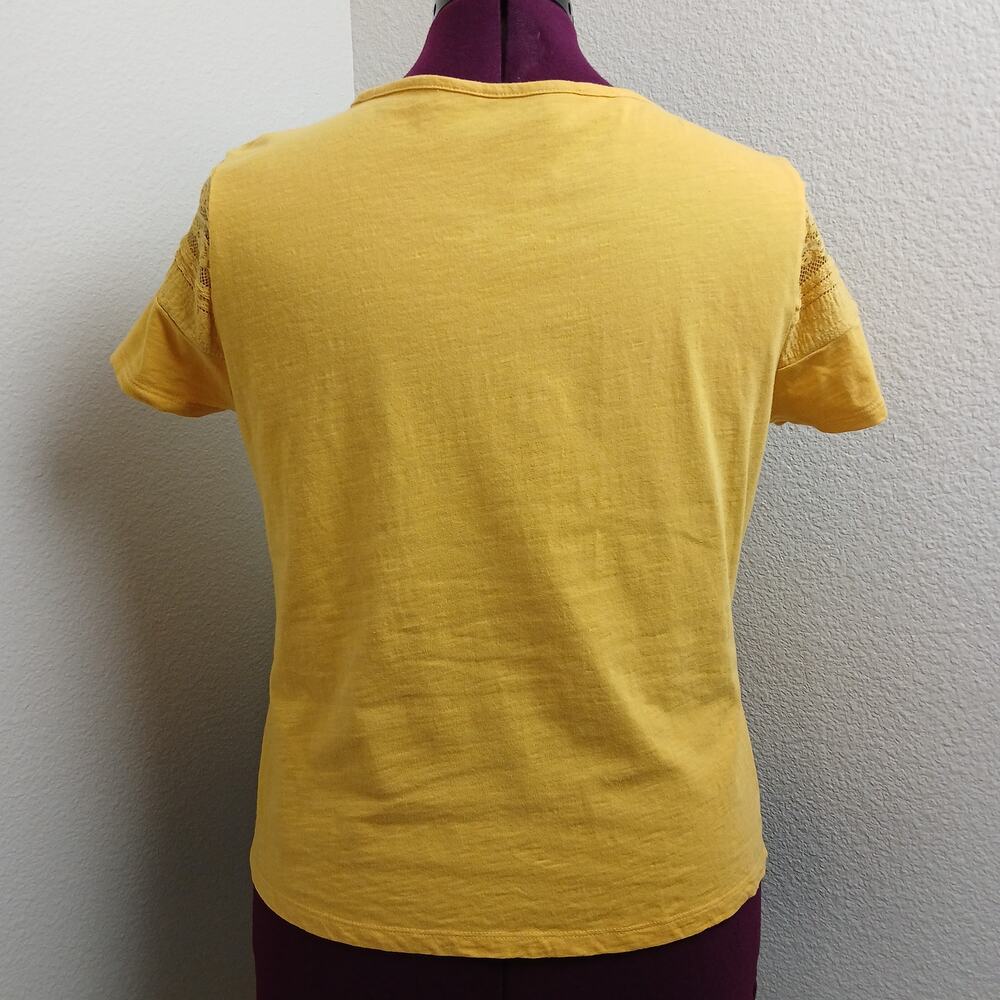 Fig Mustard Yellow Lace Yoke T-shirt XL short sleeve tee cotton blouse top - Picture 3 of 11